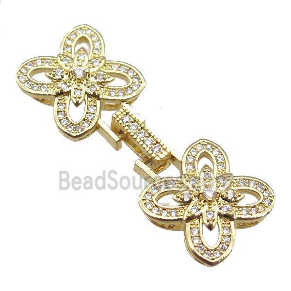 copper connector clasp paved zircon, clover, gold plated