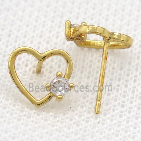 copper Stud Earrings paved zircon, heart, gold plated