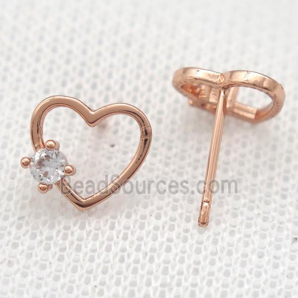 copper Stud Earrings paved zircon, heart, rose gold