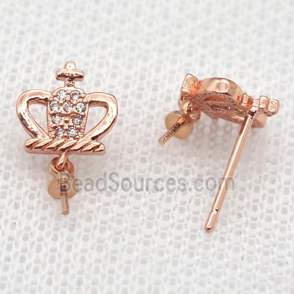 copper Stud Earrings paved zircon, crown, rose gold