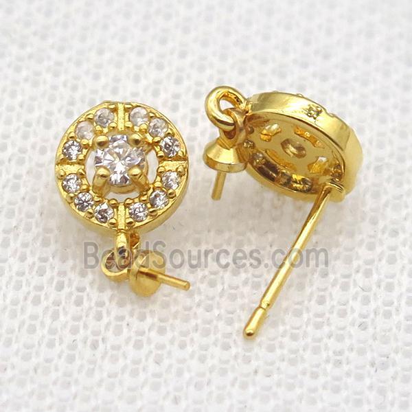 copper Stud Earrings paved zircon, circle, gold plated