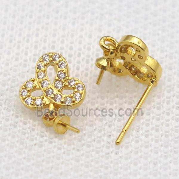 copper Stud Earrings paved zircon, clover, gold plated