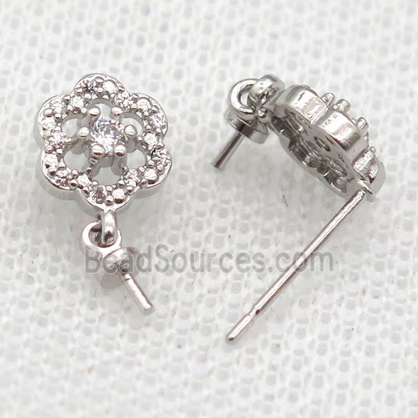 copper Stud Earrings paved zircon, flower, platinium plated