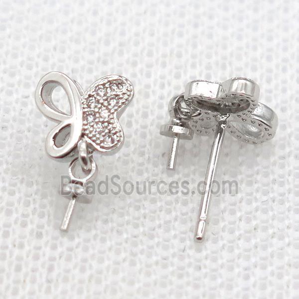 copper Stud Earrings paved zircon, butterfly, platinum plated