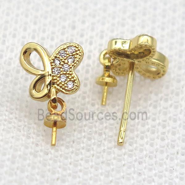 copper Stud Earrings paved zircon, butterfly, gold plated