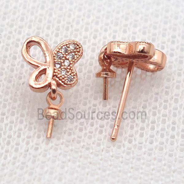 copper Stud Earrings paved zircon, butterfly, rose gold