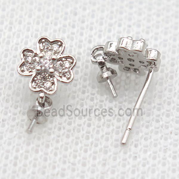 copper Stud Earrings paved zircon, clover, platinum plated