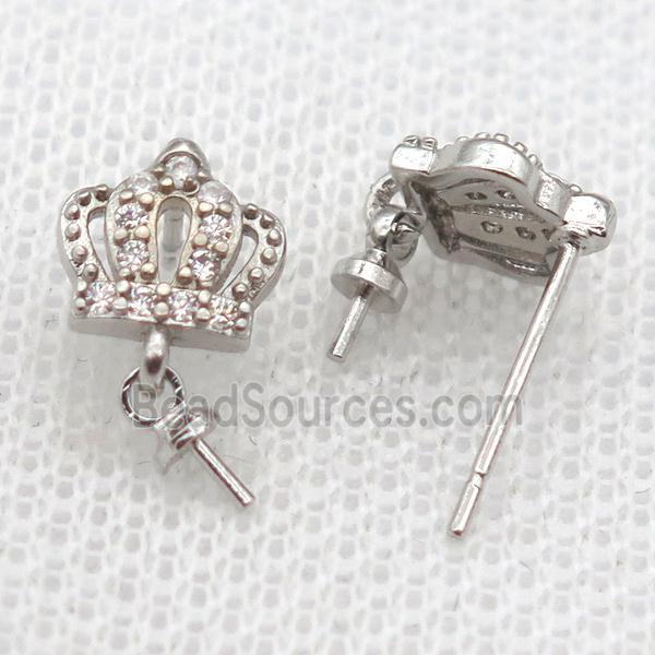 copper Stud Earrings paved zircon, crown, platinum plated