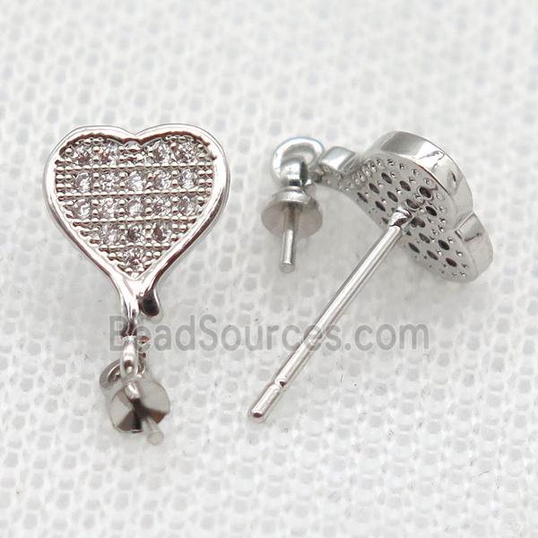 copper Stud Earrings paved zircon, heart, platinum plated