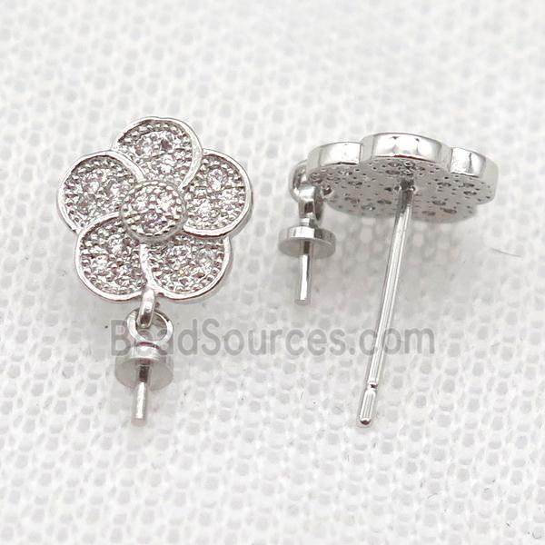 copper Stud Earrings paved zircon, flower, platinum plated