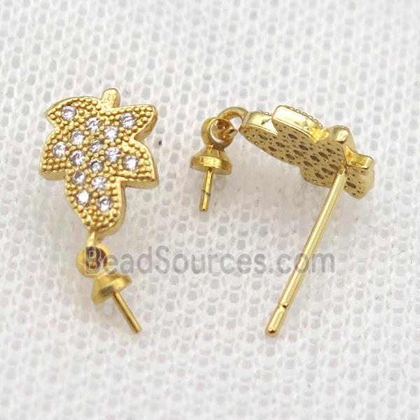 copper Stud Earrings paved zircon, leaf, gold plated