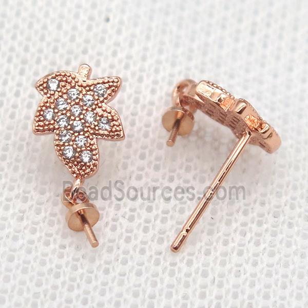 copper Stud Earrings paved zircon, leaf, rose gold