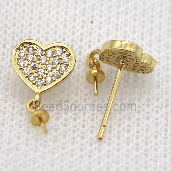 copper Stud Earrings paved zircon, heart, gold plated