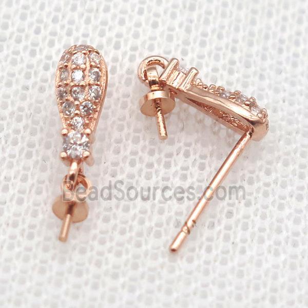 copper Stud Earrings paved zircon, teardrop, rose gold