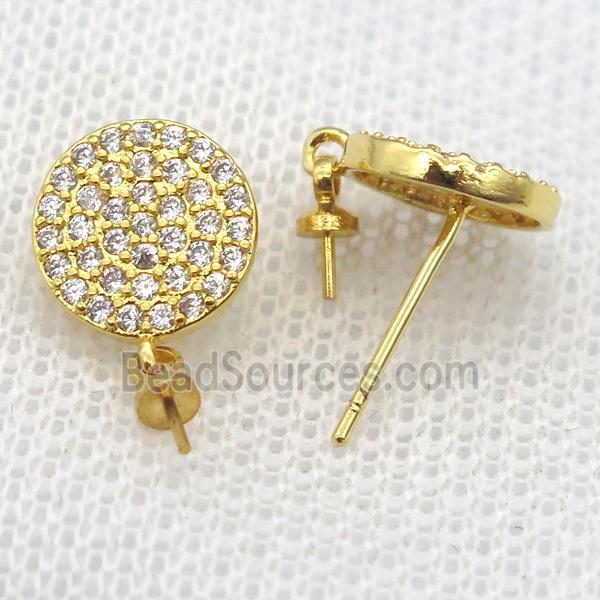 copper Stud Earrings paved zircon, circle, gold plated