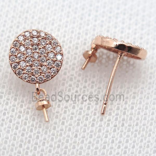 copper Stud Earrings paved zircon, circle, rose gold