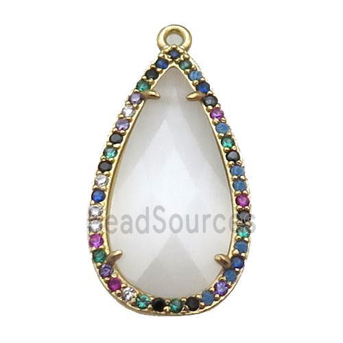 white Crystal Glass teardrop pendant pave zircon, gold plated