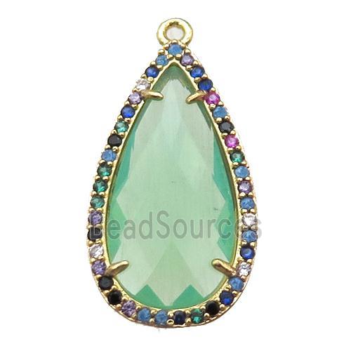 green Crystal Glass teardrop pendant pave zircon, gold plated