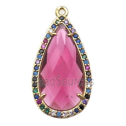 hotpink Crystal Glass teardrop pendant pave zircon, gold plated