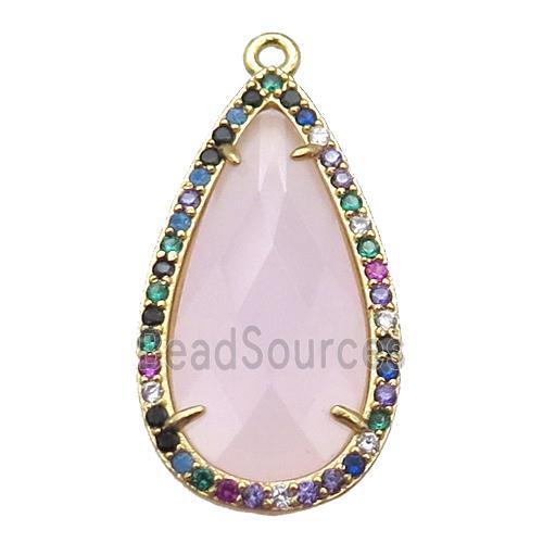 pink Crystal Glass teardrop pendant pave zircon, gold plated