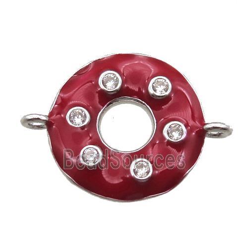 red enameling copper donut connector paved zircon, platinum plated