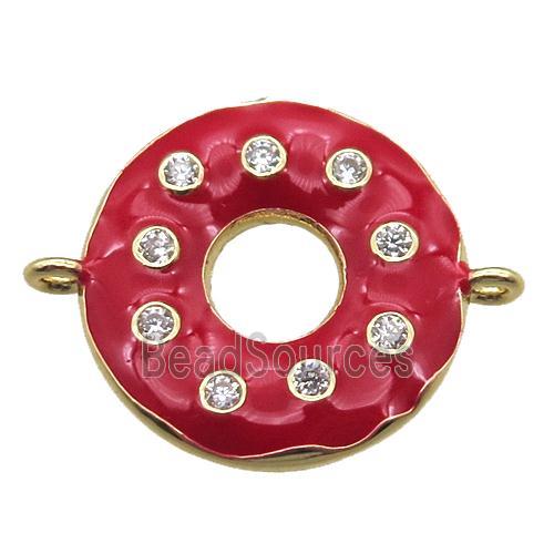 red enameling copper donut connector paved zircon, gold plated