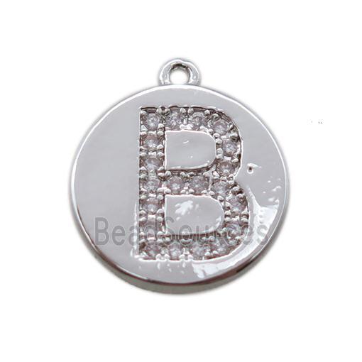 copper letter-B pendant paved zircon, platinum plated