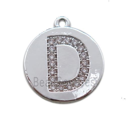 copper letter-D pendant paved zircon, platinum plated