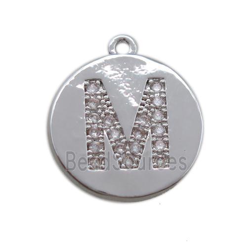 copper letter-M pendant paved zircon, platinum plated