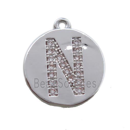 copper letter-N pendant paved zircon, platinum plated