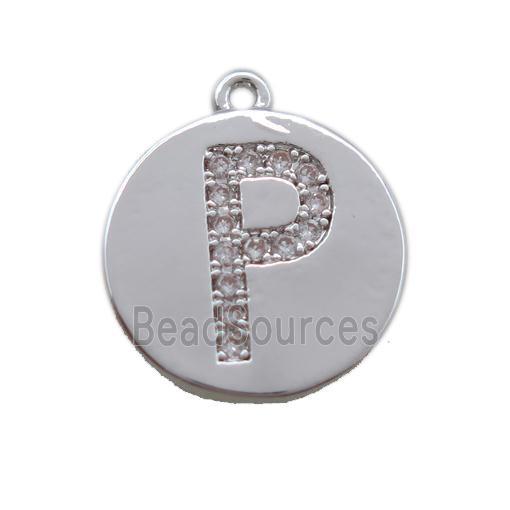 copper letter-P pendant paved zircon, platinum plated