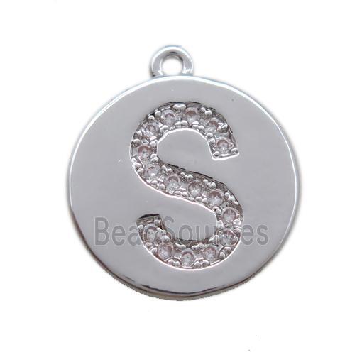 copper letter-S pendant paved zircon, platinum plated