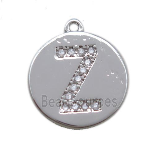 copper letter-Z pendant paved zircon, platinum plated