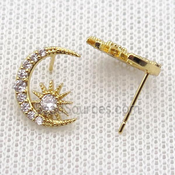 copper stud Earrings pave zircon, moon, gold plated