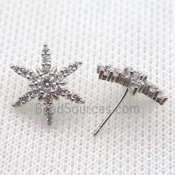 copper stud Earrings pave zircon, star, platinum plated