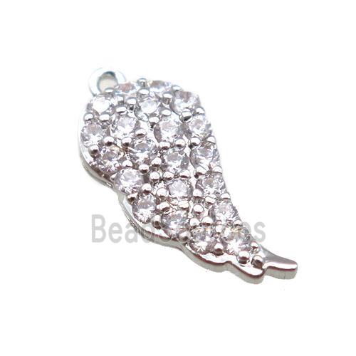 copper angel wings pendant paved zircon, platinum plated