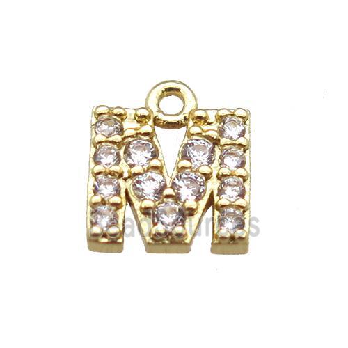 copper letter-M pendant paved zircon, gold plated