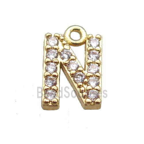 copper letter-N pendant paved zircon, gold plated