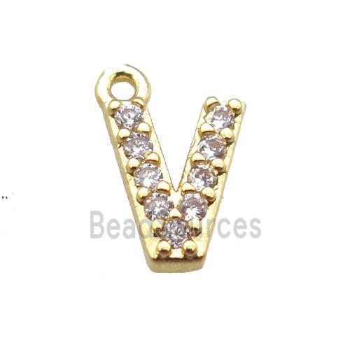 copper letter-V pendant paved zircon, gold plated