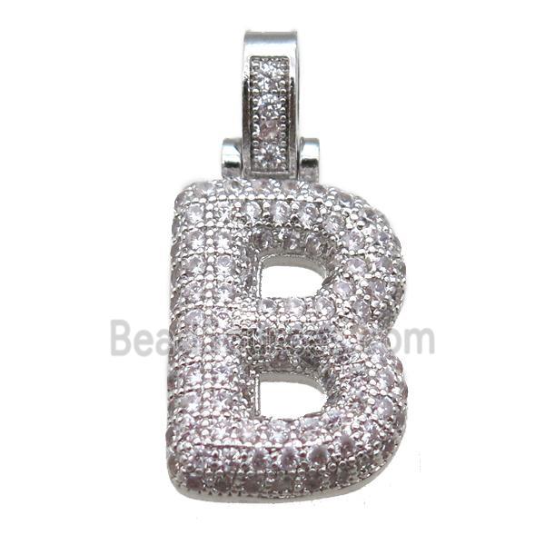 copper letter-B pendant paved zircon, platinum plated