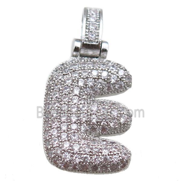 copper letter-E pendant paved zircon, platinum plated