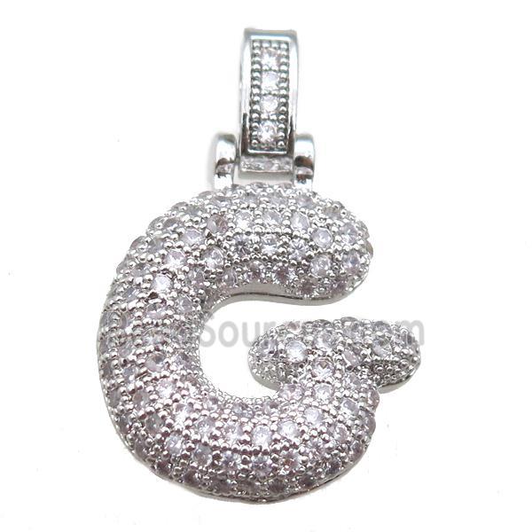 copper letter-G pendant paved zircon, platinum plated