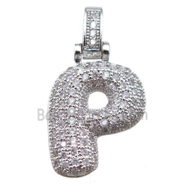 copper letter-P pendant paved zircon, platinum plated