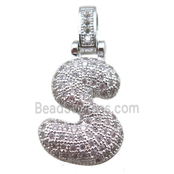 copper letter-S pendant paved zircon, platinum plated