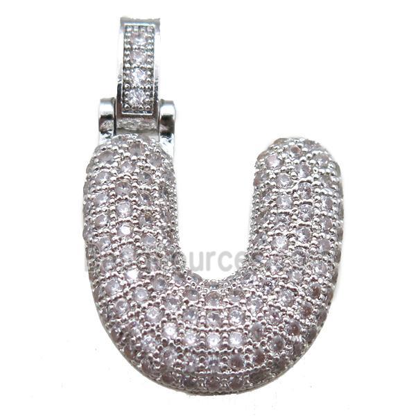 copper letter-U pendant paved zircon, platinum plated