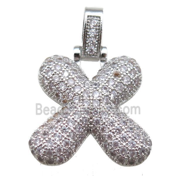 copper letter-X pendant paved zircon, platinum plated