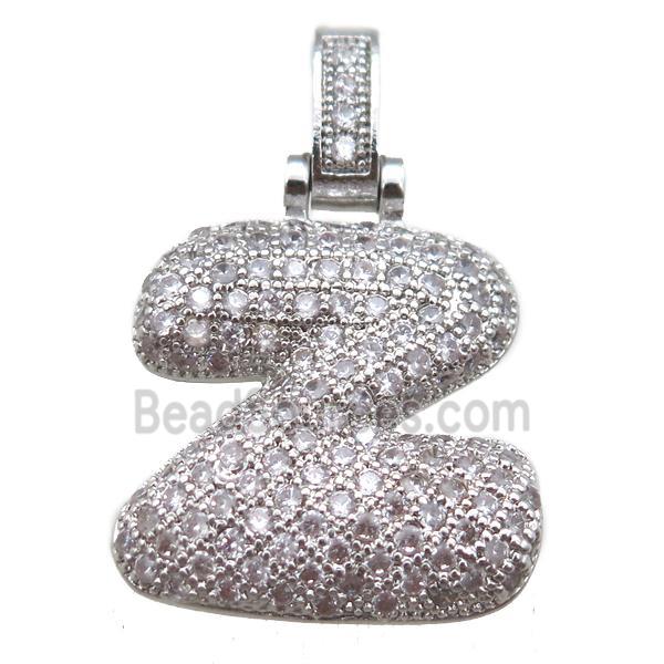 copper letter-Z pendant paved zircon, platinum plated