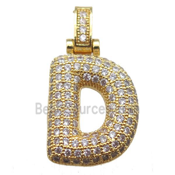 copper letter-D pendant paved zircon, gold plated