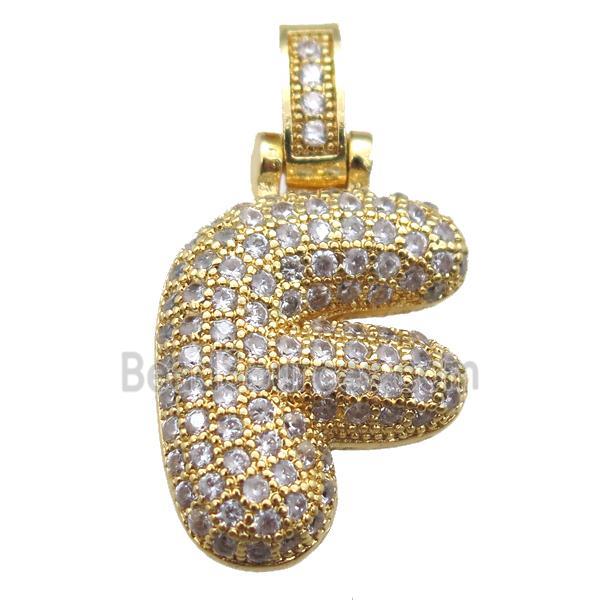 copper letter-F pendant paved zircon, gold plated