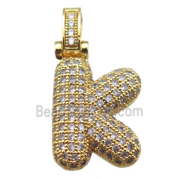 copper letter-K pendant paved zircon, gold plated